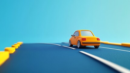 A vibrant yellow car traveling on a smooth, winding road under a bright blue sky, symbolizing freedom and adventure.