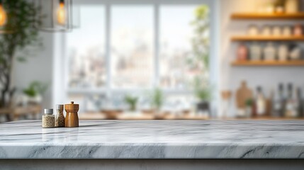 Elegant kitchen countertop with spices, featuring a bright and airy ambiance, perfect for culinary inspiration and home decor.