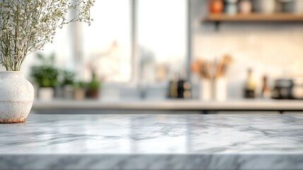 Obraz premium Elegant kitchen scene featuring a marble countertop and decorative vase, creating a serene and stylish atmosphere.