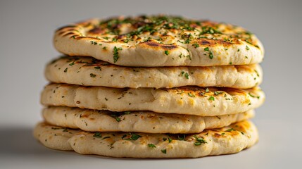  A stack of flatbreads with herbs on an isolated light gray background