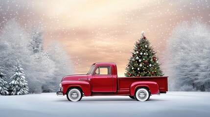 A charming vintage red truck carries a lush Christmas tree in its bed, highlighted by intricate watercolor details against a bright white backdrop