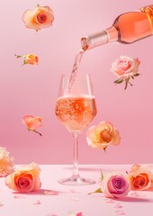 A rose wine bottle pouring into a glass  against a pastel pink background with roses floating around. Minimal party concept.
