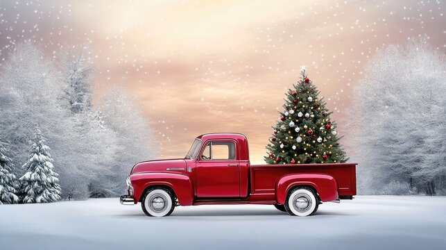 A charming vintage red truck carries a lush Christmas tree in its bed, highlighted by intricate watercolor details against a bright white backdrop