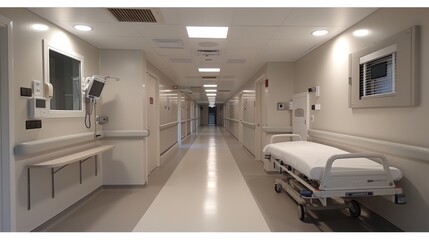 Clean and well-lit hospital hallway with a patient bed ready for use during the day