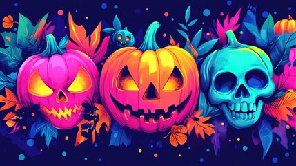 Vibrant Halloween Pumpkins and Skulls with Neon Colors and Floral Elements