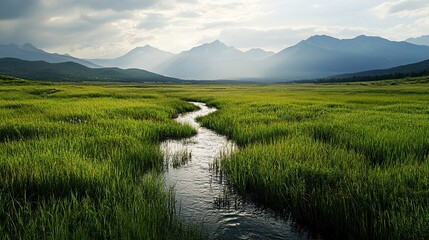 Arroyo serpenteante en un vasto valle verde con montañas al fondo y cielos nublados, mostrando la serenidad y majestuosidad de la naturaleza en su máxima expresión