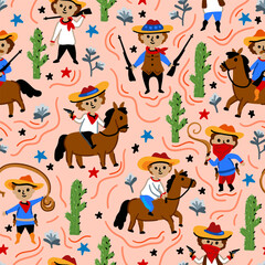 Bright cheerful children seamless vector pattern with American western cowboy from wild west rural Landscape. Childish background. Cheerful characters with animals and plants.