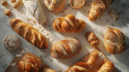 An assortment of artisanal breads on kitchen counter background