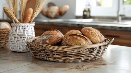 An assortment of artisanal breads in a wicker basket