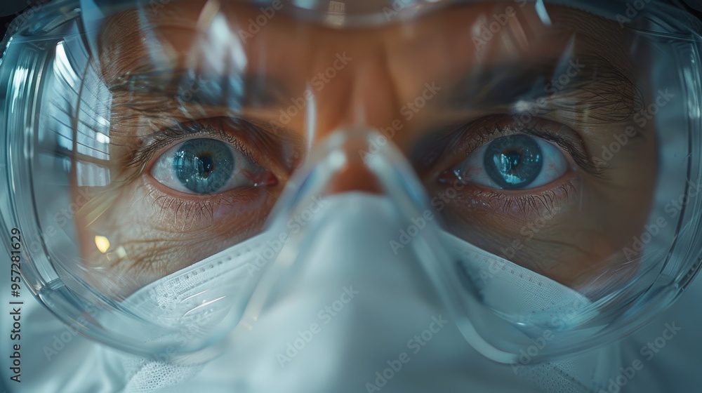 Poster close-up of a scientist in protective gear focusing intently in a laboratory during a research exper