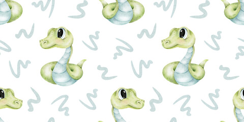 Watercolor seamless pattern of Cute green snakes. Hand drawn print of baby reptile. Background for kid goods, textiles, fabric, scrapbook, office supplies