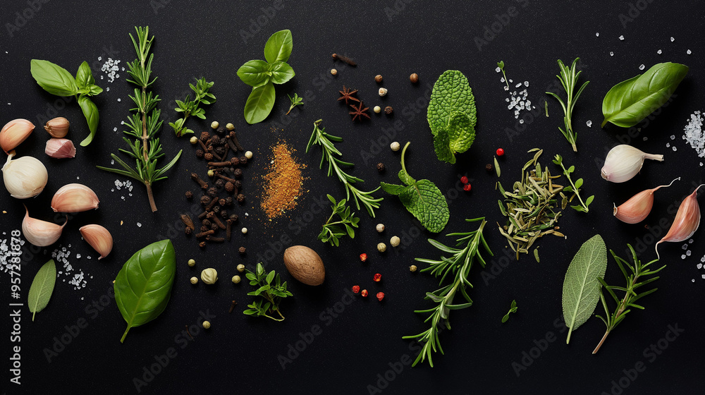 Wall mural A variety of fresh herbs and spices on a dark background.