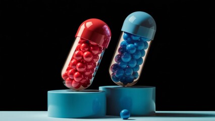 Two medical pills, red and blue drug gel capsules isolated on black background. The right choice metaphor, important decision symbol concept, red pill and blue pill 3d illustration