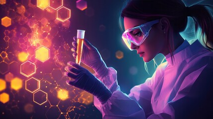 Female Scientist with Test Tube in High-Tech Laboratory Analyzing Colorful Chemical Reaction