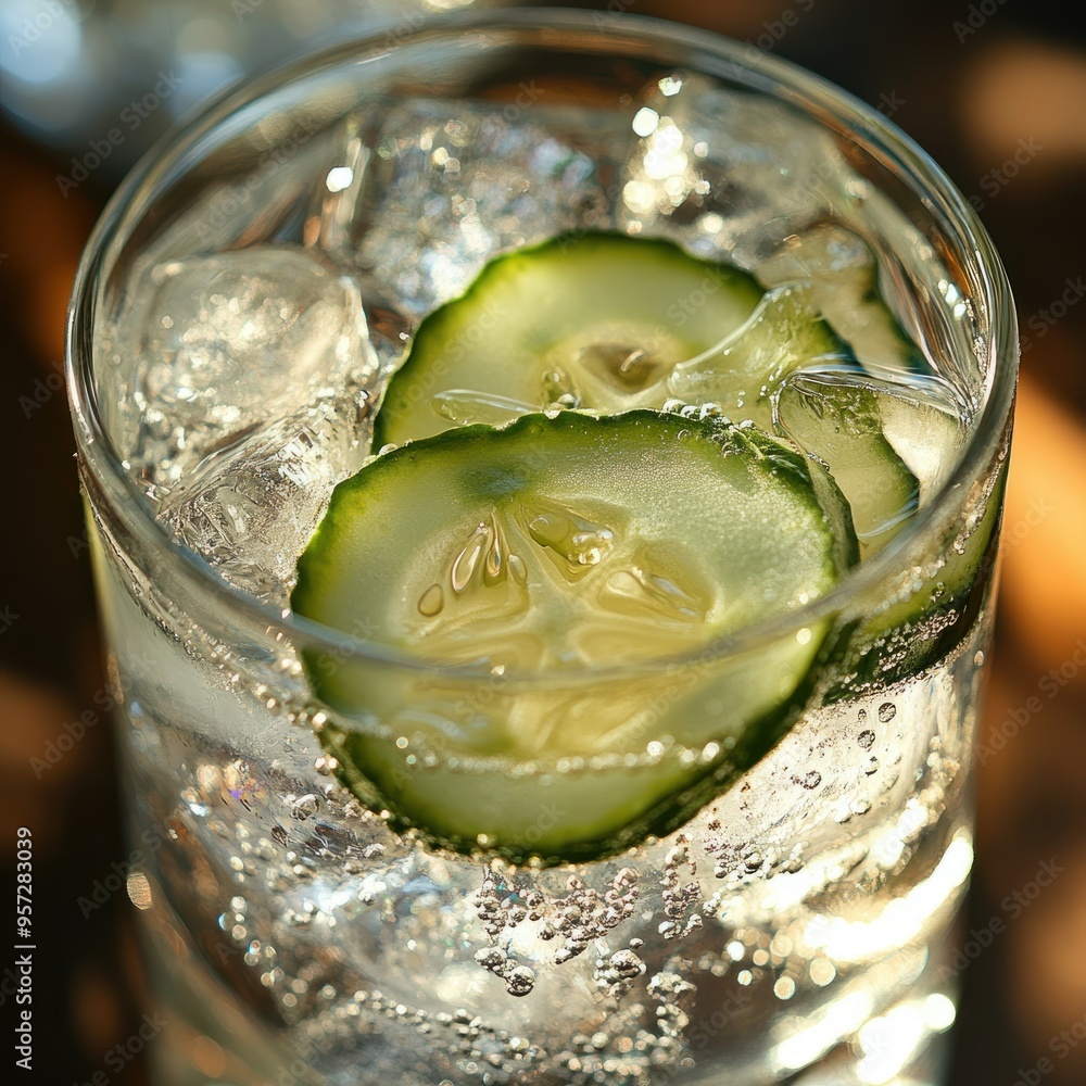 Aufkleber a close-up of a gin and tonic with a slice of cucumber and ice cubes