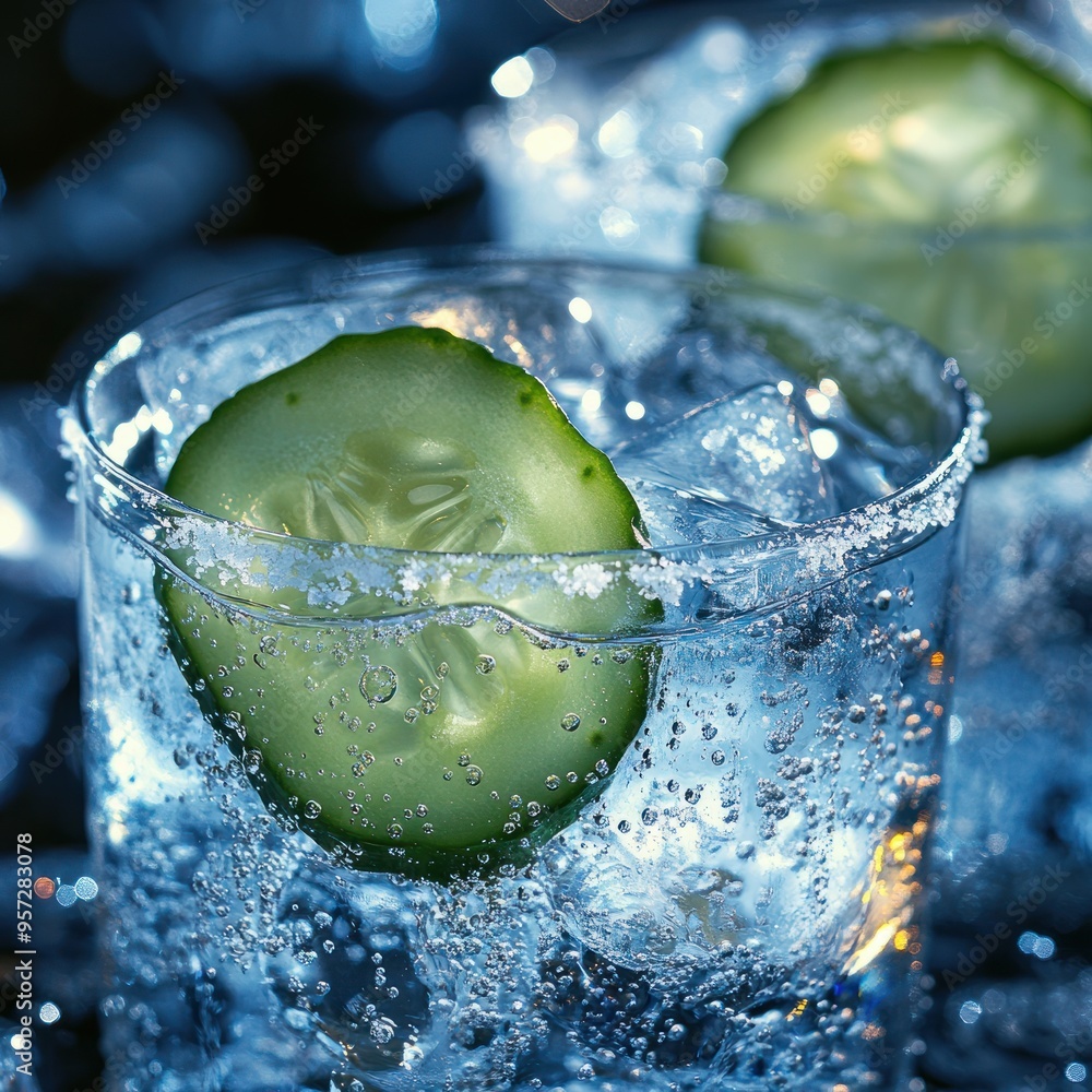 Aufkleber a close-up of a gin and tonic with a slice of cucumber and ice cubes