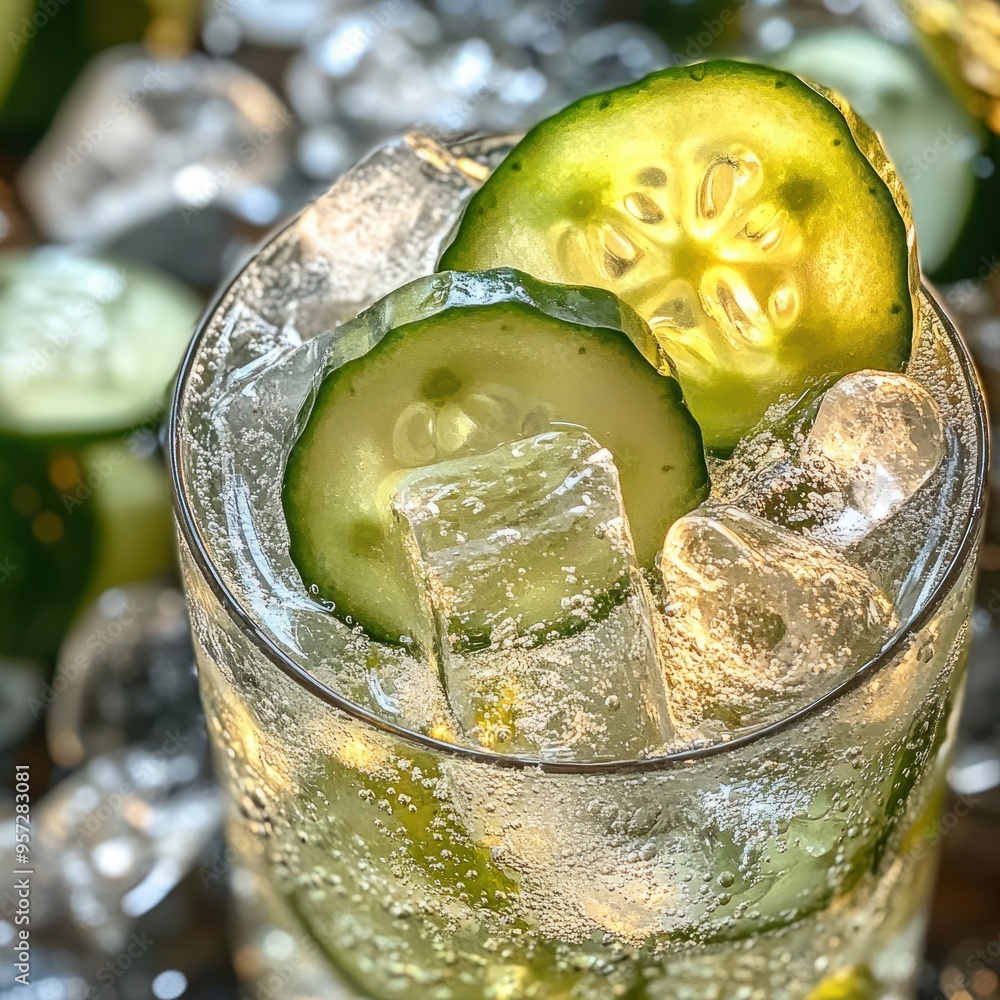 Aufkleber a close-up of a gin and tonic with a slice of cucumber and ice cubes