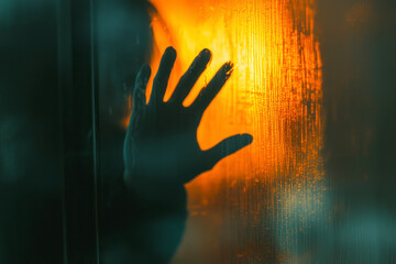 Anonymous blurred female touching glass while standing in dark room with orange illumination.