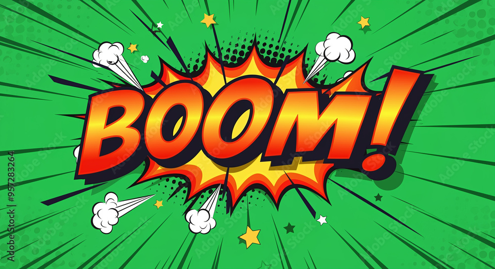 Poster comic explosion text with boom effect in vibrant colors and dynamic action graphics
