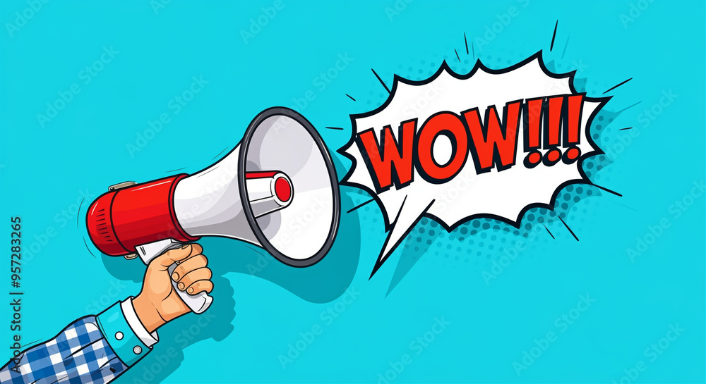 Poster megaphone announcement with wow text in pop art style for attention grabbing