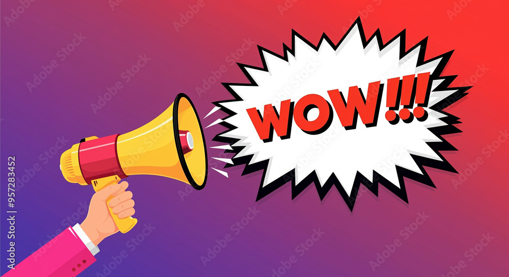 Poster megaphone announcing wow with colorful background and comic-style speech bubble