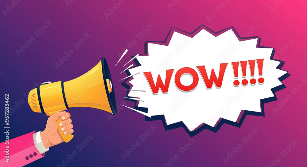 Poster megaphone conveying wow message in vibrant style with speech bubble design