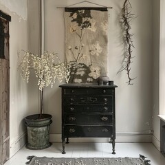 The interior of the room is in retro style. Antique furniture, an atmosphere of antiquity and comfort. Illustration of the lifestyle of antique connoisseurs.