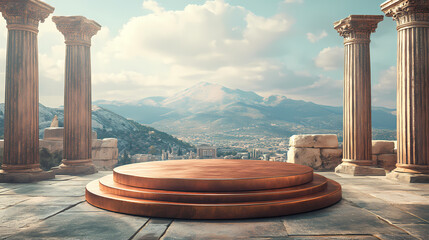 Enhance your historical fiction book display with an ancient copper podium set against a spartan battlefield backdrop. Historical. Illustration