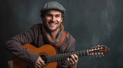 Obraz premium Smiling Man Playing Acoustic Guitar in Casual Outfit with Scarf and Cap Against Dark Background