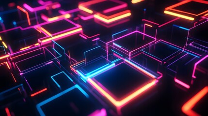 A dark background with colorful, glowing lines forming the outline of rectangular blocks, creating an abstract and futuristic design