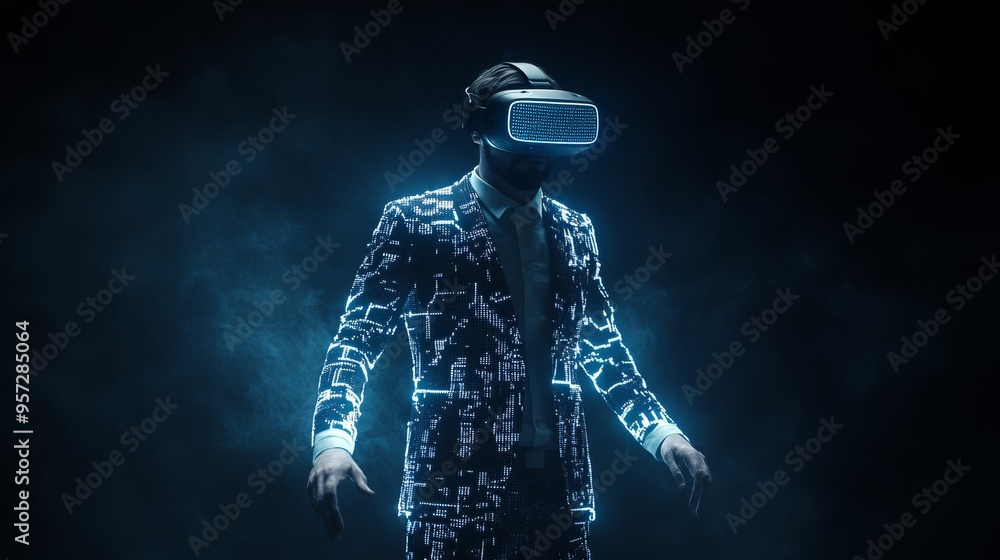 Poster a futuristic character in a glowing suit explores a digital landscape with virtual reality technolog
