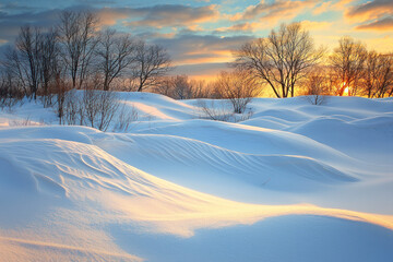 Rolling mounds of snow picking up the soft hues of sunset.