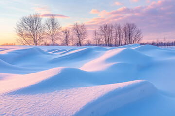 Rolling mounds of snow picking up the soft hues of sunset.