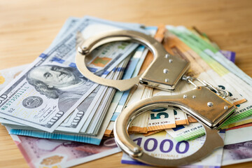 Handcuffs and a large amount of different currencies scattered on the table, concept of financial...