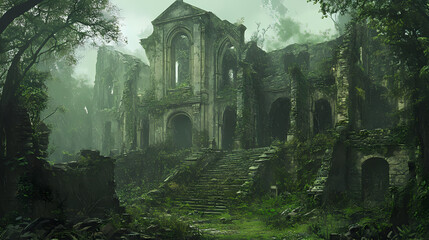 Obraz premium Old green ruins of historical building. Historical. Illustration