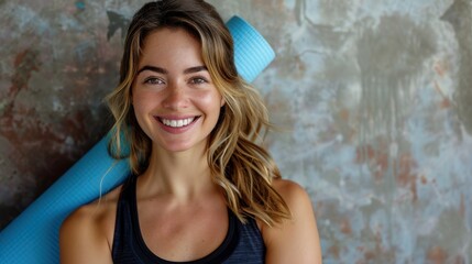 Naklejka premium Smiling Woman with Yoga Mat Against Artistic Wall Background Ready for Fitness and Wellness Routine