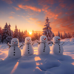 Group of snowmen on snow covered field in winter with spruce tree forest covered with snow in sunset.
