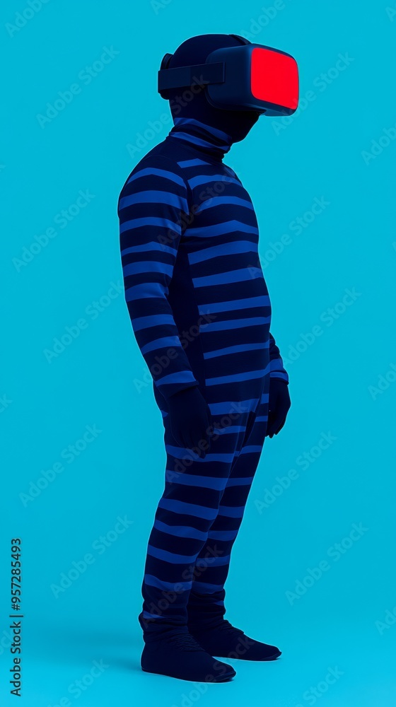 Poster concept art of a game hero character wearing a striped suit and vr headset designed for mobile and d