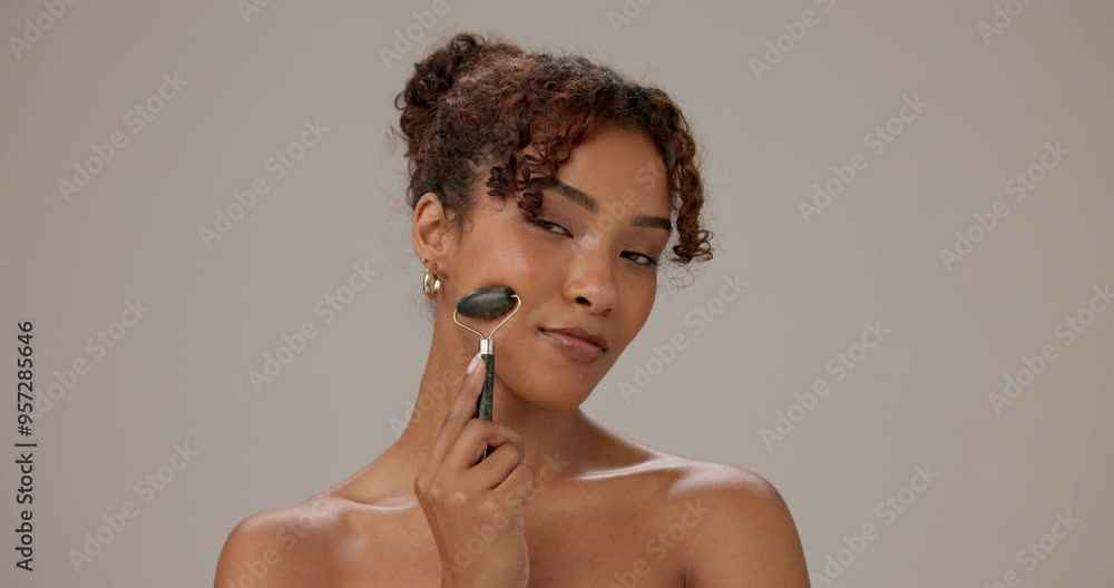 Canvas Prints Jade roller, beauty and portrait woman in studio for wellness, skincare and facial treatment for anti aging. Dermatology, salon and face of person for cosmetics, grooming or health on gray background