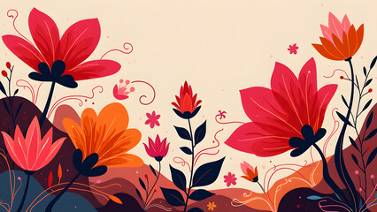 Stylized Illustration of Various Flowers and Plants in Warm Tones of Red, Pink, Orange, and Dark Purple on a Soft Peach Background, Featuring Decorative Swirls and Dots for a Whimsical Effect.