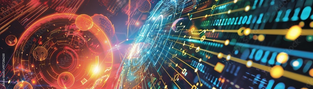 Poster futuristic digital technology background with abstract glowing connections and data streams, represe