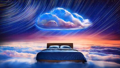 Bed floating in the clouds of the cosmos with a dream bubble above it indicating dreams and astral plane