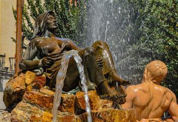 Beautiful fountain allegorical to the Water and the Earth in the city of Don Benito, Urban sculptures in Extremadura, Spain