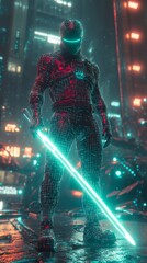 Futuristic game hero character stands in a neon lit cityscape with a glowing sword perfect for mobile phone or desktop wallpaper