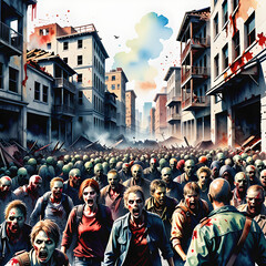 Zombie Apocalypse: Hyper-Realistic Watercolor Illustration of Panicked Humans and Crumbling Buildings