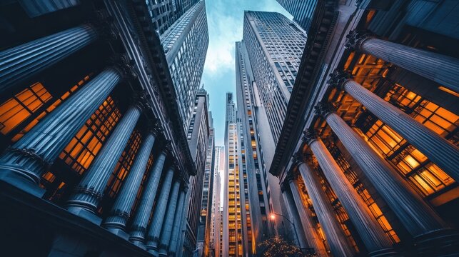 A crowded financial district with skyscrapers, stock ticker running along the buildings