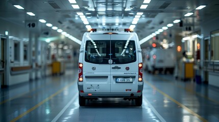 Naklejka premium Ambulance parked in a hospital hallway during the day, ready for emergency services in a medical facility