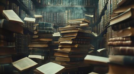 Fototapeta premium Stacks of old books and pages floating on the background in the library ancient books, historical background, educational topics. Historical. Illustration