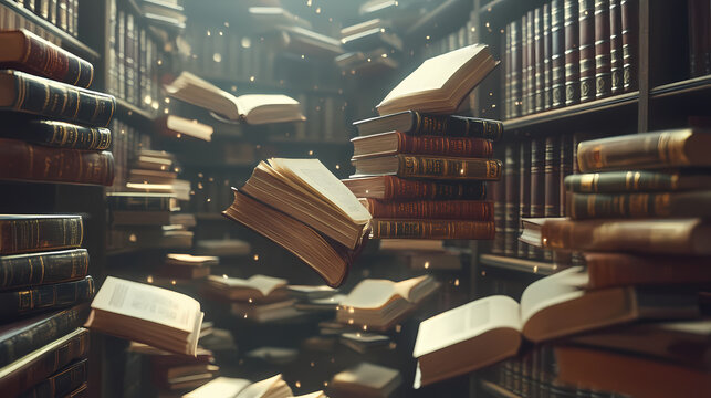 Stacks of old books and pages floating on the background in the library ancient books, historical background, educational topics. Historical. Illustration