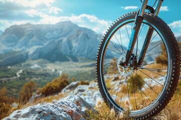 Mountain bike standing on a trail with mountains in the background